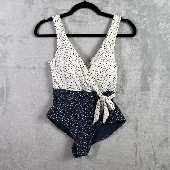 Calia Wrap Tie One Piece Swimsuit Women's 6 NWT Dotted White/Blue Summer V Neck - Picture 2 of 16